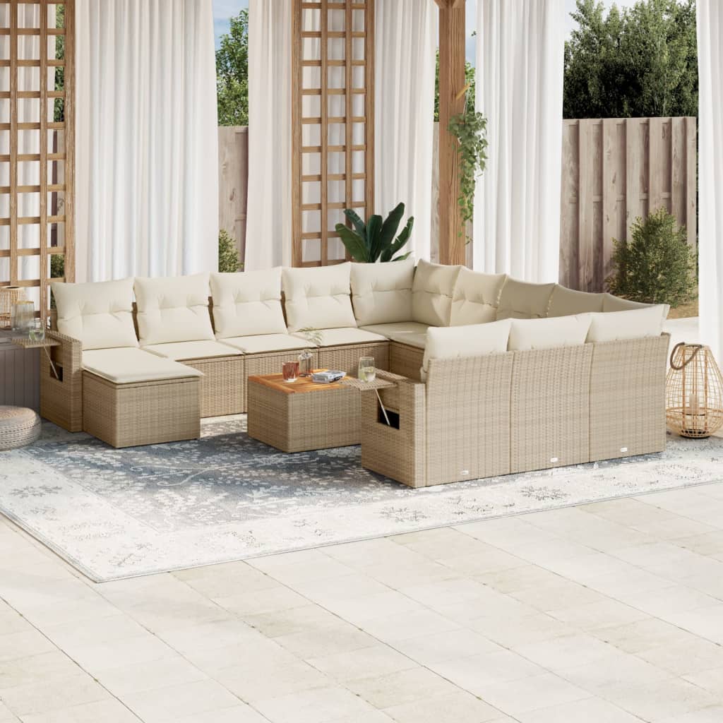 vidaXL 13-tlg. Garten-Sofagarnitur mit Kissen Beige Poly Rattan