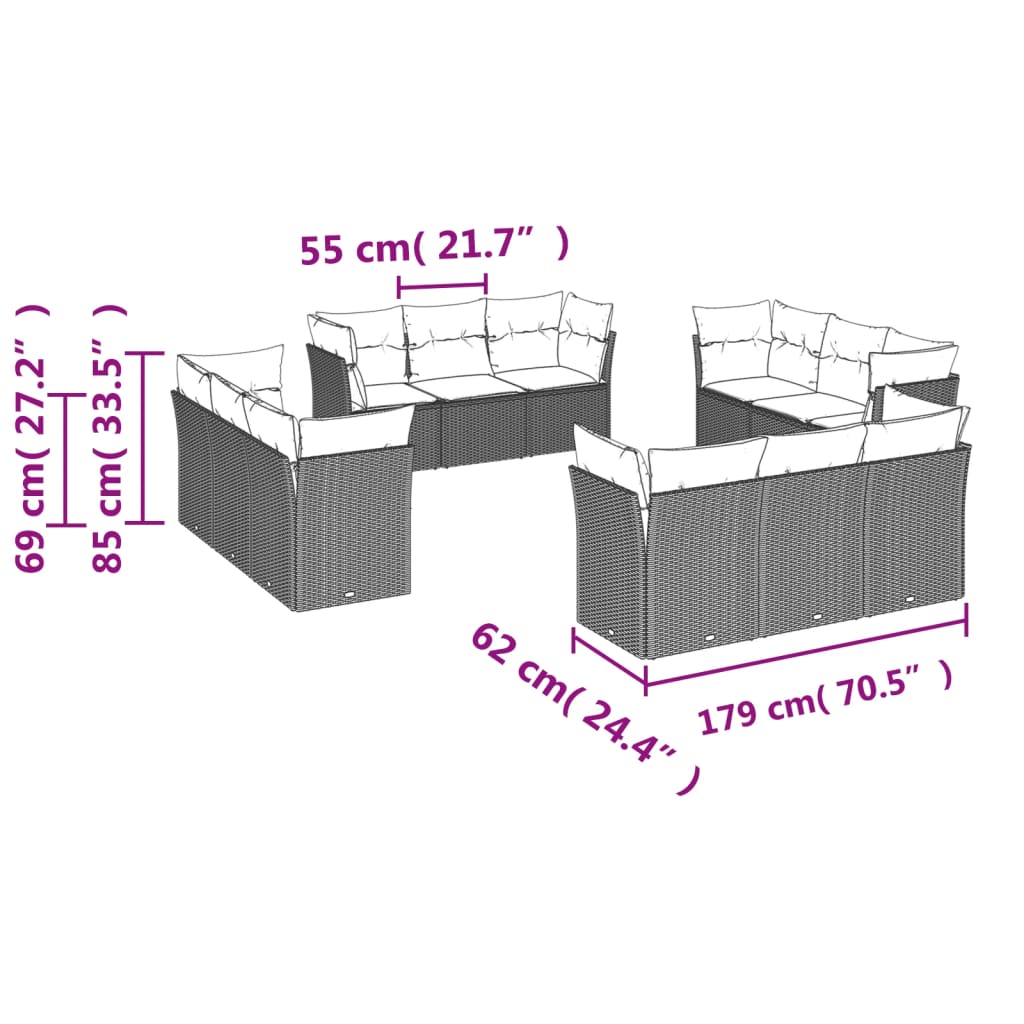 vidaXL 12-tlg. Garten-Sofagarnitur mit Kissen Schwarz Poly Rattan