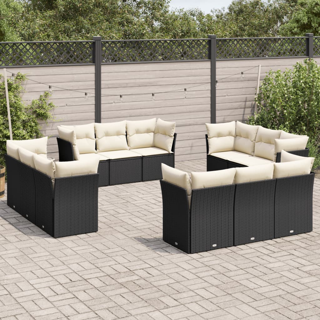 vidaXL 12-tlg. Garten-Sofagarnitur mit Kissen Schwarz Poly Rattan