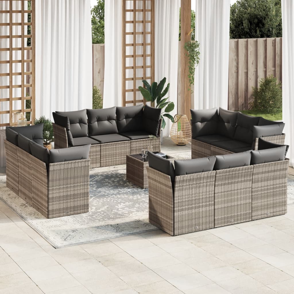 vidaXL 13-tlg. Garten-Sofagarnitur mit Kissen Hellgrau Poly Rattan