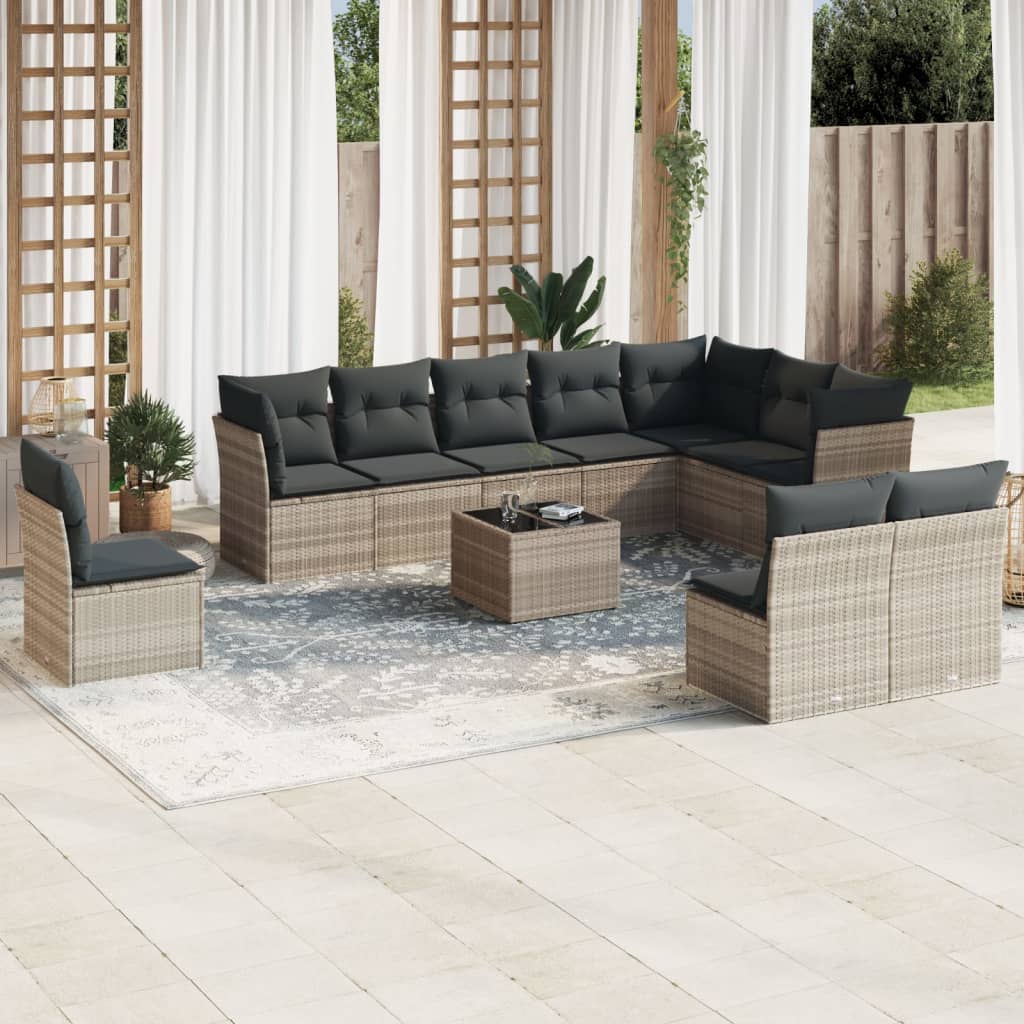 vidaXL 11-tlg. Garten-Sofagarnitur mit Kissen Hellgrau Poly Rattan