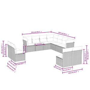 vidaXL 11-tlg. Garten-Sofagarnitur mit Kissen Schwarz Poly Rattan