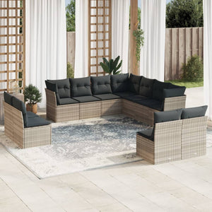 vidaXL 11-tlg. Garten-Sofagarnitur mit Kissen Hellgrau Poly Rattan