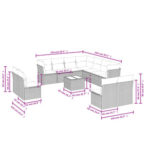 vidaXL 12-tlg. Garten-Sofagarnitur mit Kissen Hellgrau Poly Rattan