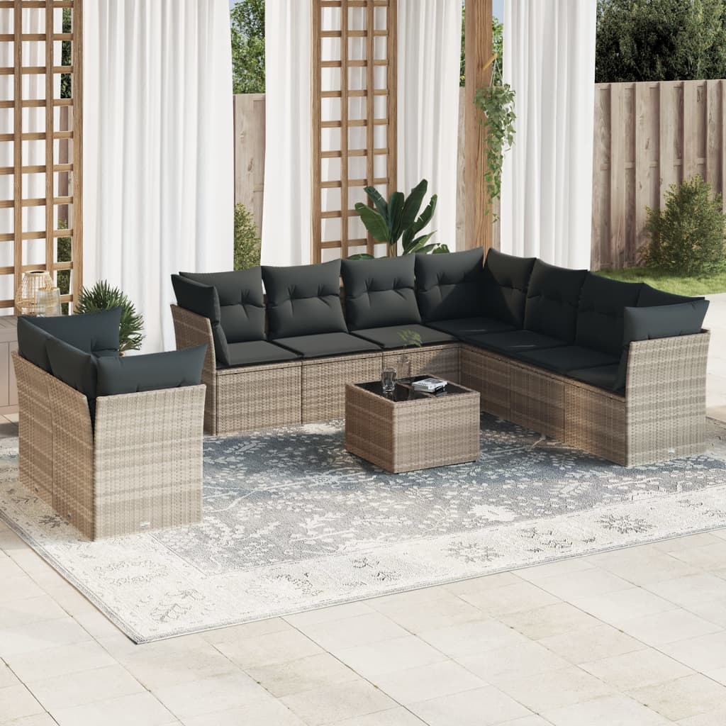 vidaXL 10-tlg. Garten-Sofagarnitur mit Kissen Hellgrau Poly Rattan