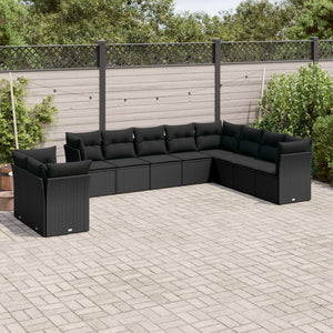 vidaXL 10-tlg. Garten-Sofagarnitur mit Kissen Schwarz Poly Rattan