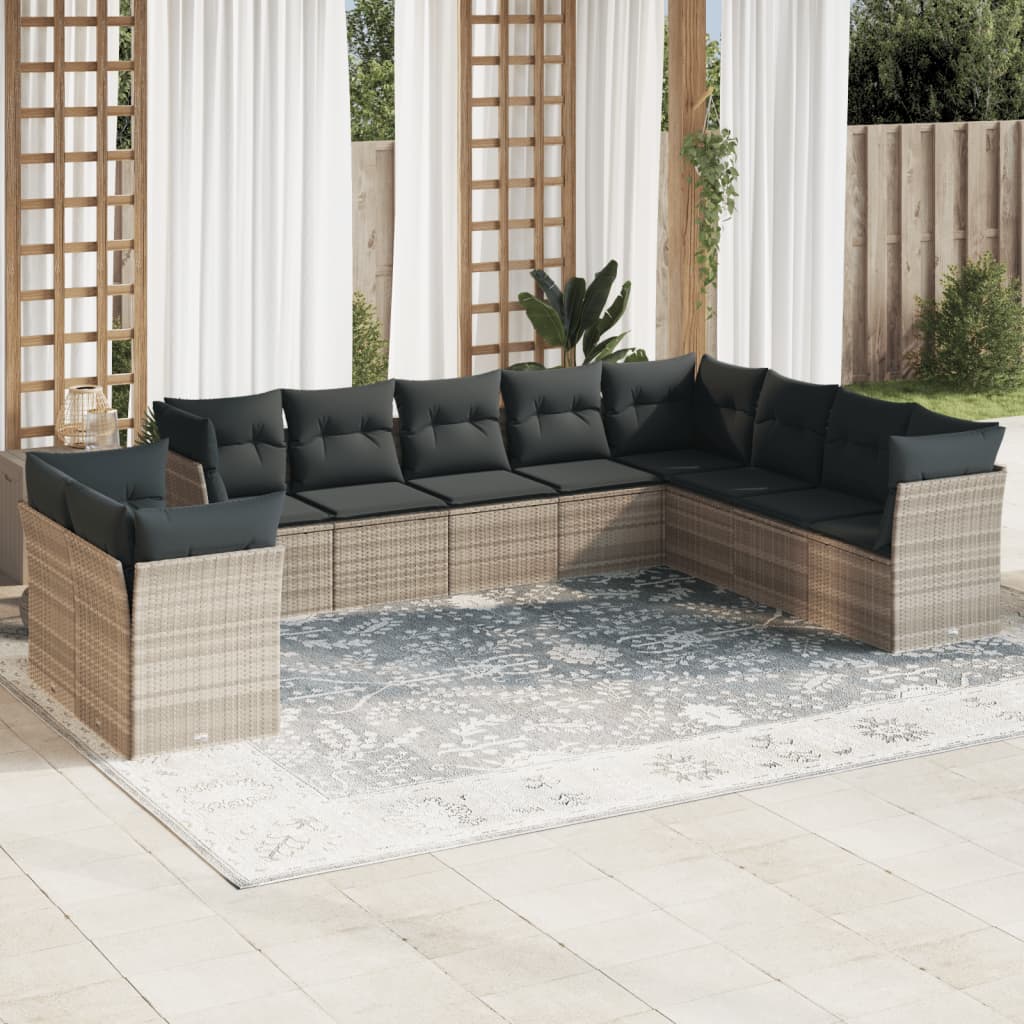 vidaXL 10-tlg. Garten-Sofagarnitur mit Kissen Hellgrau Poly Rattan