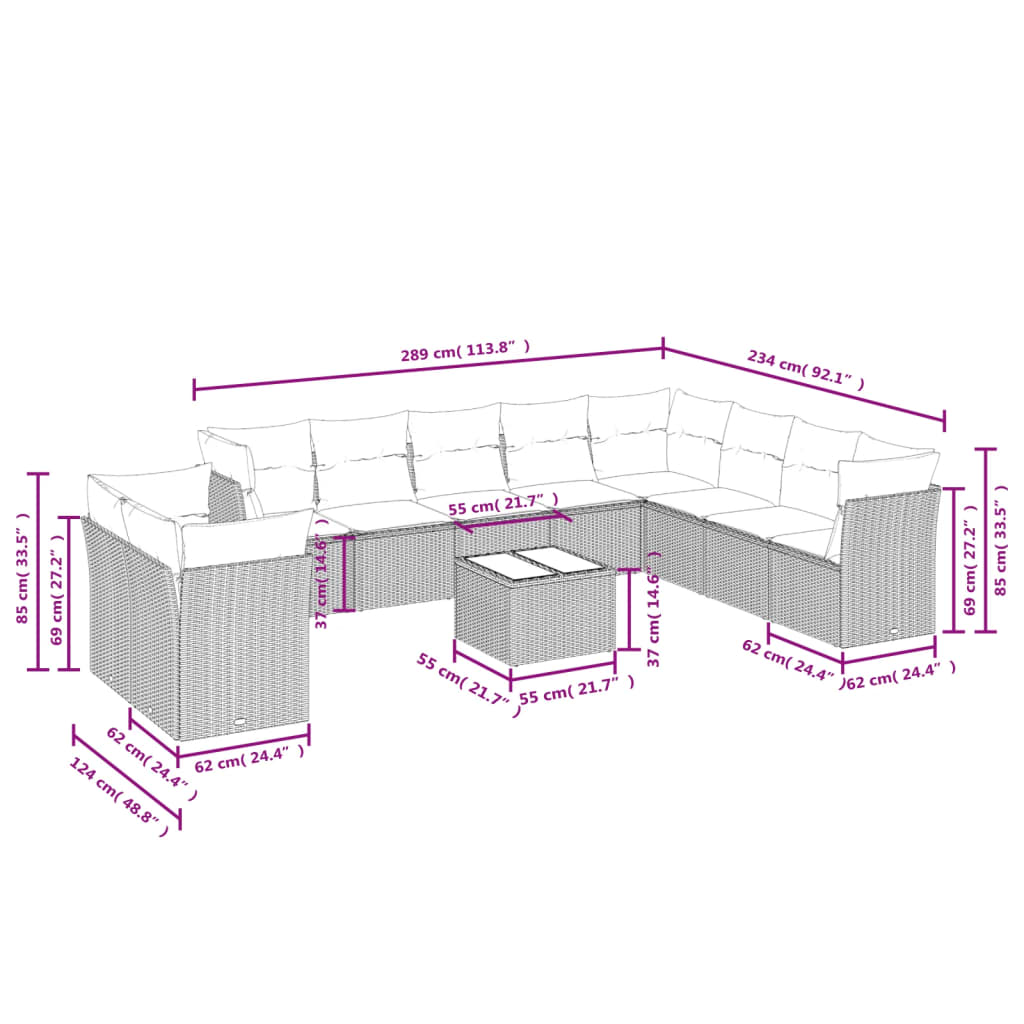 vidaXL 11-tlg. Garten-Sofagarnitur mit Kissen Hellgrau Poly Rattan