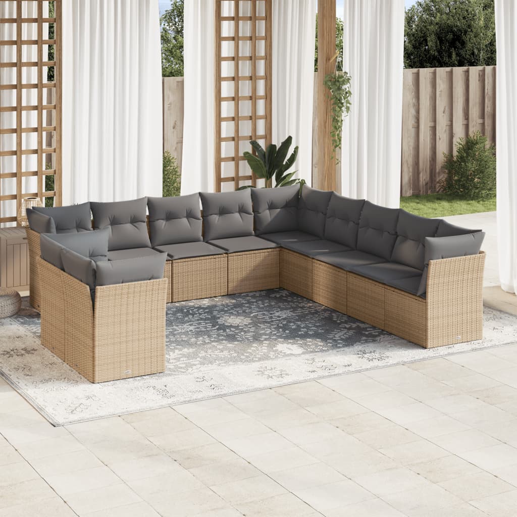 vidaXL 11-tlg. Garten-Sofagarnitur mit Kissen Beige Poly Rattan