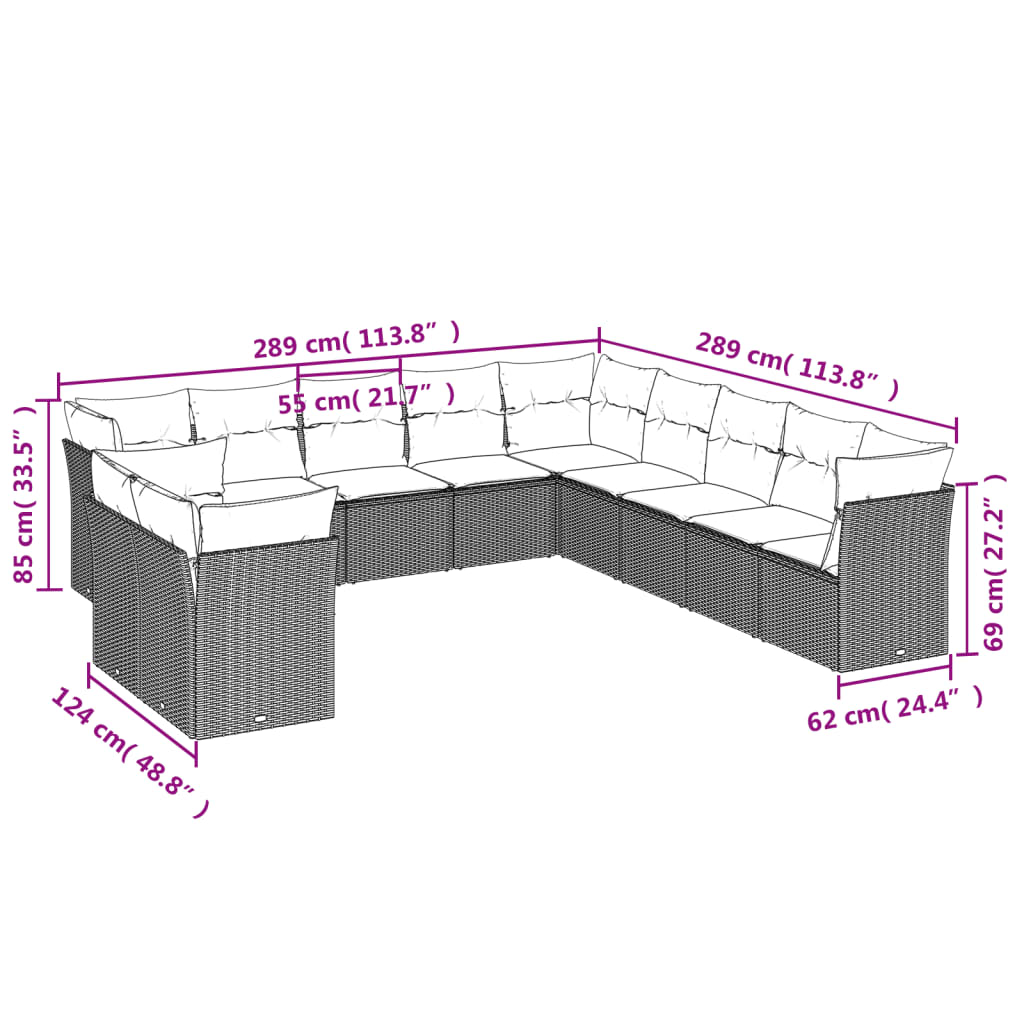 vidaXL 11-tlg. Garten-Sofagarnitur mit Kissen Hellgrau Poly Rattan