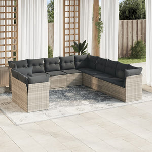 vidaXL 11-tlg. Garten-Sofagarnitur mit Kissen Hellgrau Poly Rattan