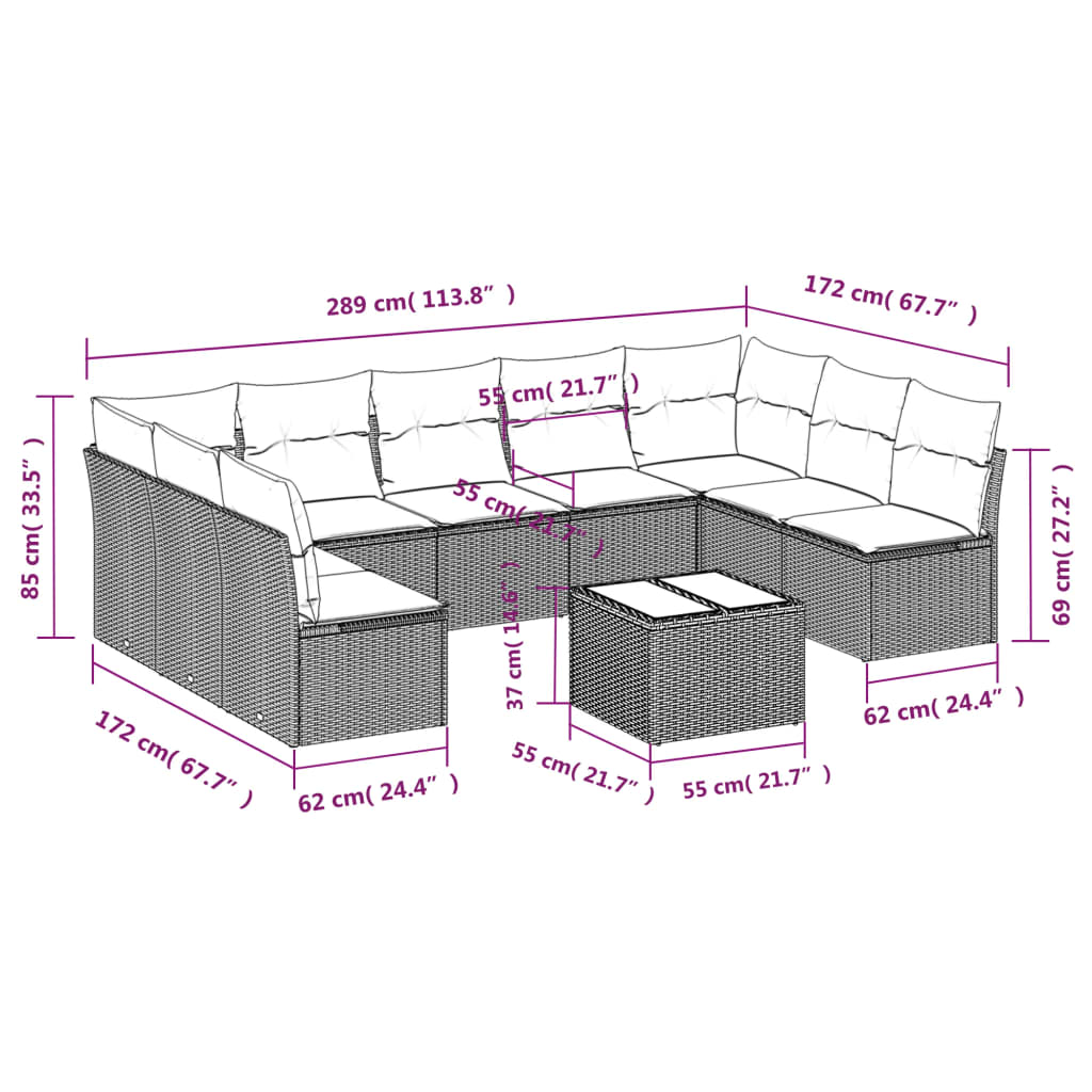 vidaXL 10-tlg. Garten-Sofagarnitur mit Kissen Hellgrau Poly Rattan