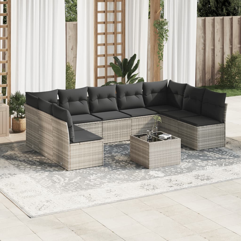 vidaXL 10-tlg. Garten-Sofagarnitur mit Kissen Hellgrau Poly Rattan