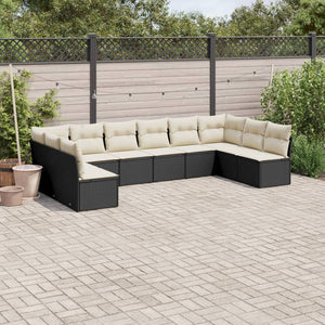 vidaXL 10-tlg. Garten-Sofagarnitur mit Kissen Schwarz Poly Rattan