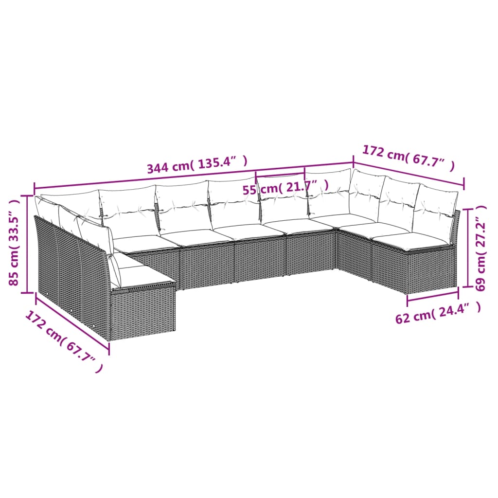 vidaXL 10-tlg. Garten-Sofagarnitur mit Kissen Hellgrau Poly Rattan