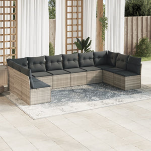 vidaXL 10-tlg. Garten-Sofagarnitur mit Kissen Hellgrau Poly Rattan