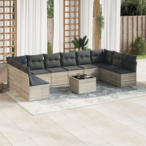 vidaXL 11-tlg. Garten-Sofagarnitur mit Kissen Hellgrau Poly Rattan