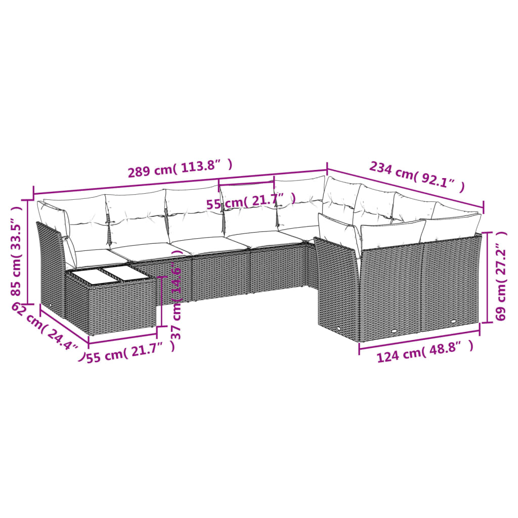 vidaXL 10-tlg. Garten-Sofagarnitur mit Kissen Hellgrau Poly Rattan