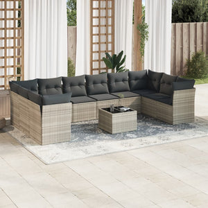 vidaXL 11-tlg. Garten-Sofagarnitur mit Kissen Hellgrau Poly Rattan