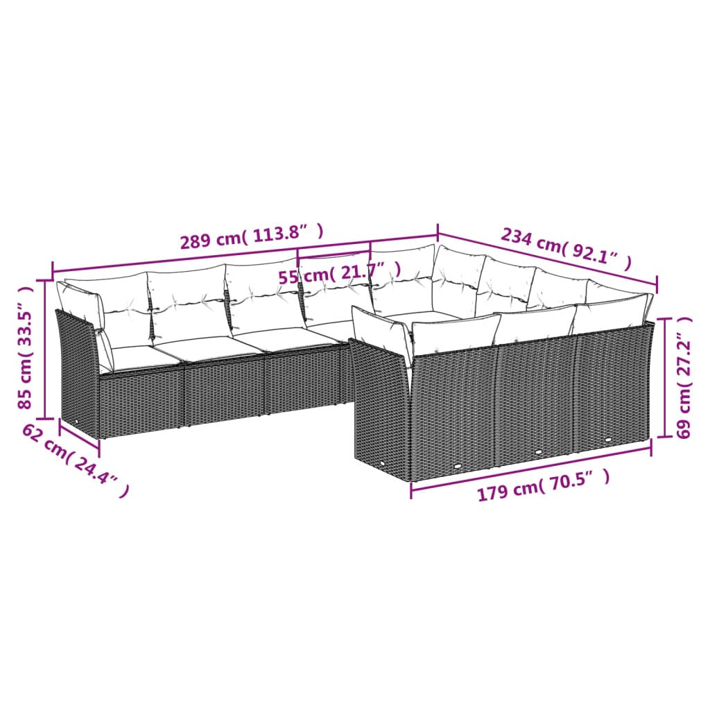 vidaXL 10-tlg. Garten-Sofagarnitur mit Kissen Schwarz Poly Rattan