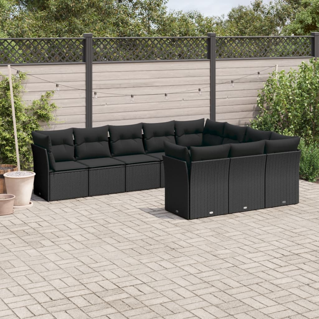 vidaXL 10-tlg. Garten-Sofagarnitur mit Kissen Schwarz Poly Rattan