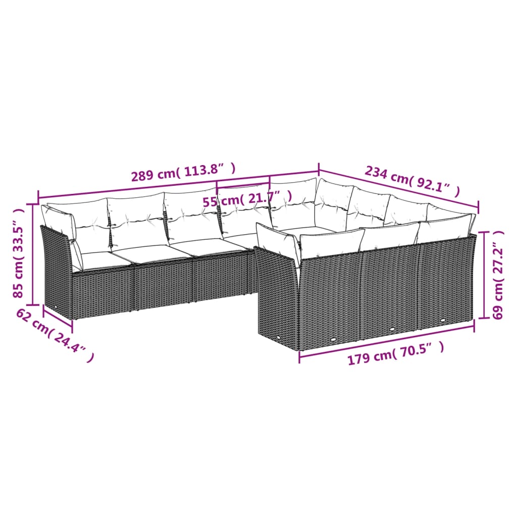 vidaXL 10-tlg. Garten-Sofagarnitur mit Kissen Hellgrau Poly Rattan