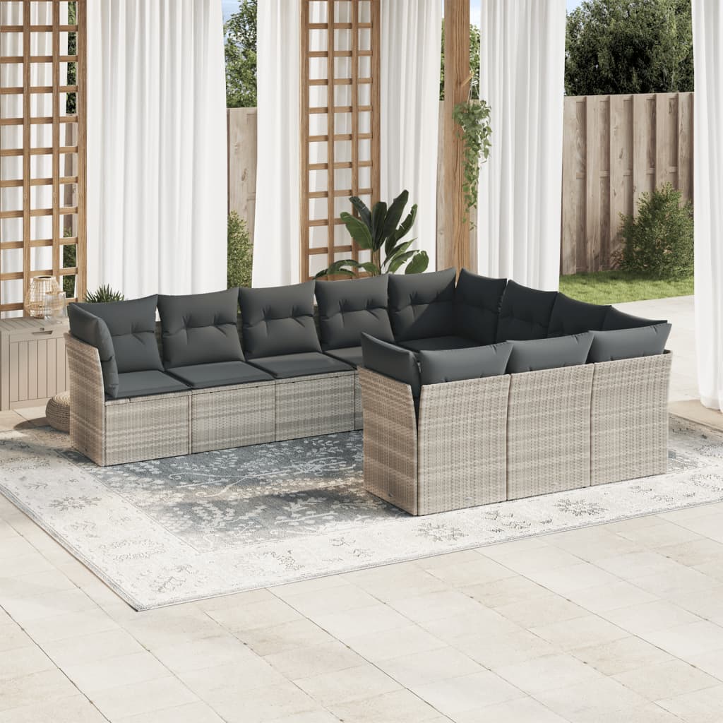 vidaXL 10-tlg. Garten-Sofagarnitur mit Kissen Hellgrau Poly Rattan