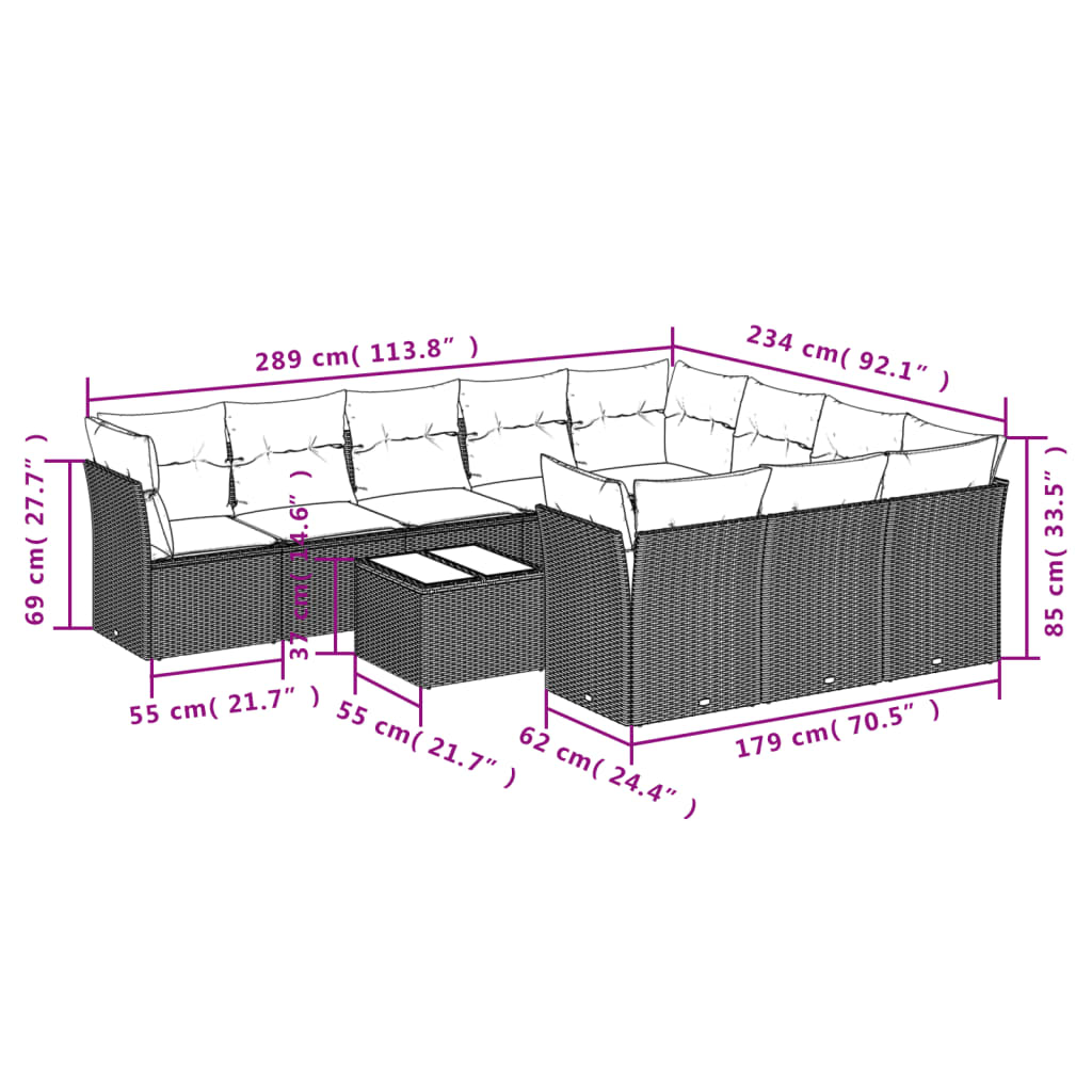 vidaXL 11-tlg. Garten-Sofagarnitur mit Kissen Hellgrau Poly Rattan