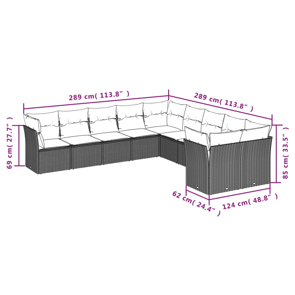 vidaXL 10-tlg. Garten-Sofagarnitur mit Kissen Braun Poly Rattan