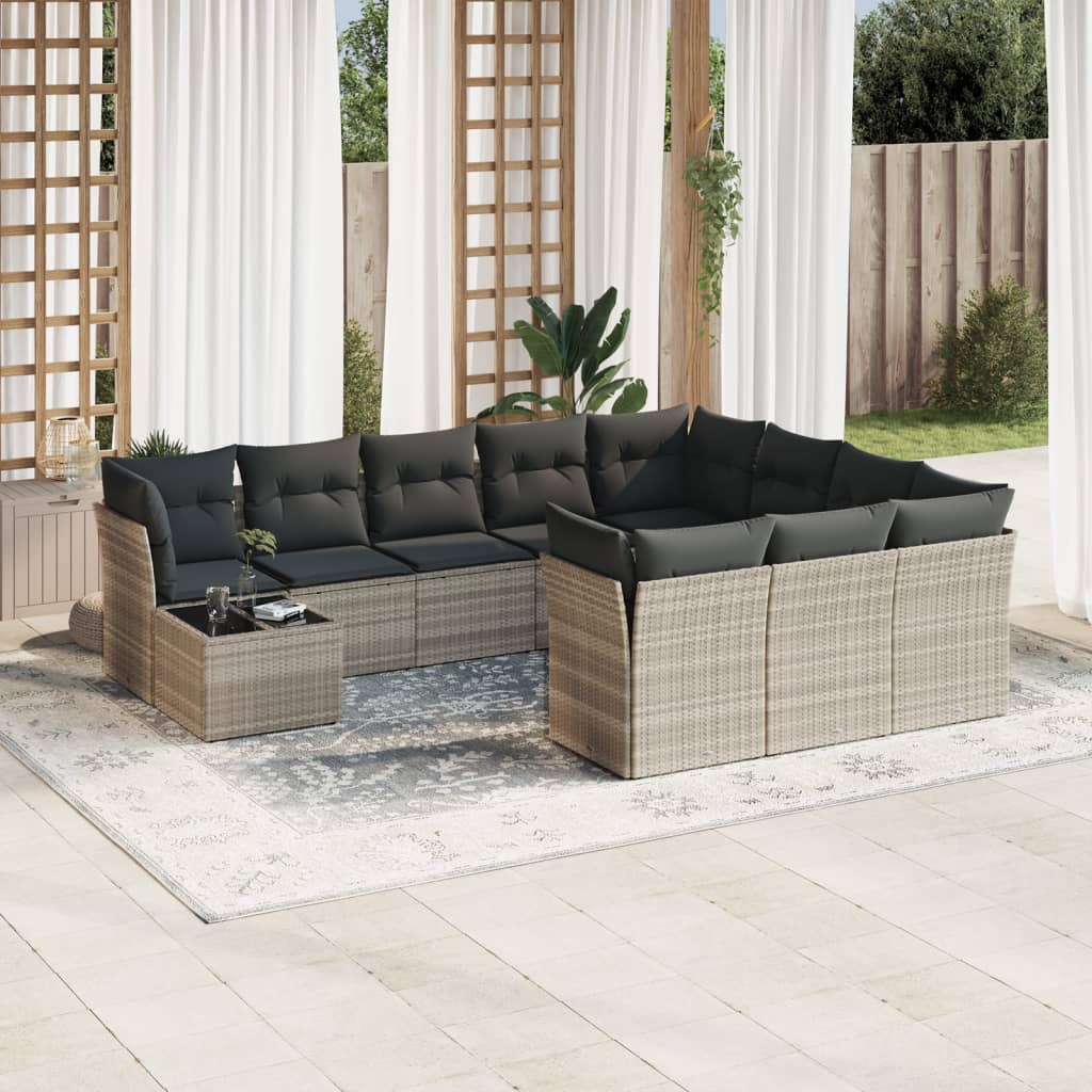 vidaXL 11-tlg. Garten-Sofagarnitur mit Kissen Hellgrau Poly Rattan