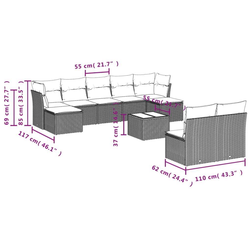 vidaXL 10-tlg. Garten-Sofagarnitur mit Kissen Hellgrau Poly Rattan