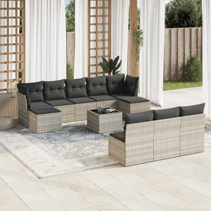 vidaXL 11-tlg. Garten-Sofagarnitur mit Kissen Hellgrau Poly Rattan