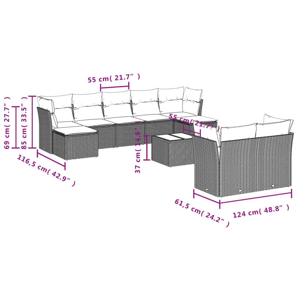 vidaXL 10-tlg. Garten-Sofagarnitur mit Kissen Hellgrau Poly Rattan