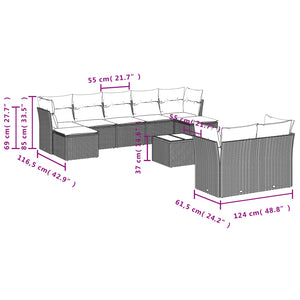 vidaXL 10-tlg. Garten-Sofagarnitur mit Kissen Hellgrau Poly Rattan