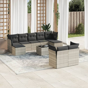 vidaXL 10-tlg. Garten-Sofagarnitur mit Kissen Hellgrau Poly Rattan