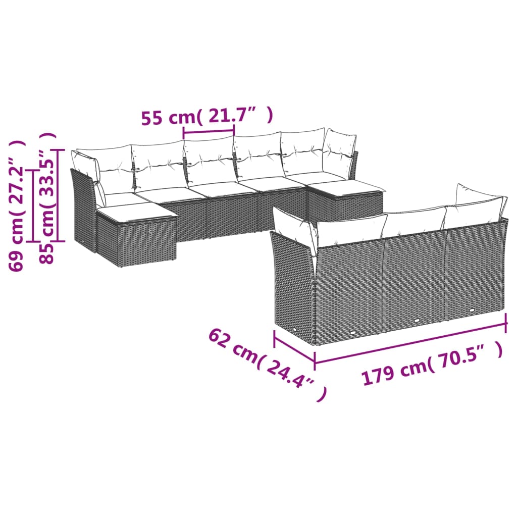 vidaXL 10-tlg. Garten-Sofagarnitur mit Kissen Braun Poly Rattan