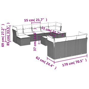 vidaXL 11-tlg. Garten-Sofagarnitur mit Kissen Hellgrau Poly Rattan