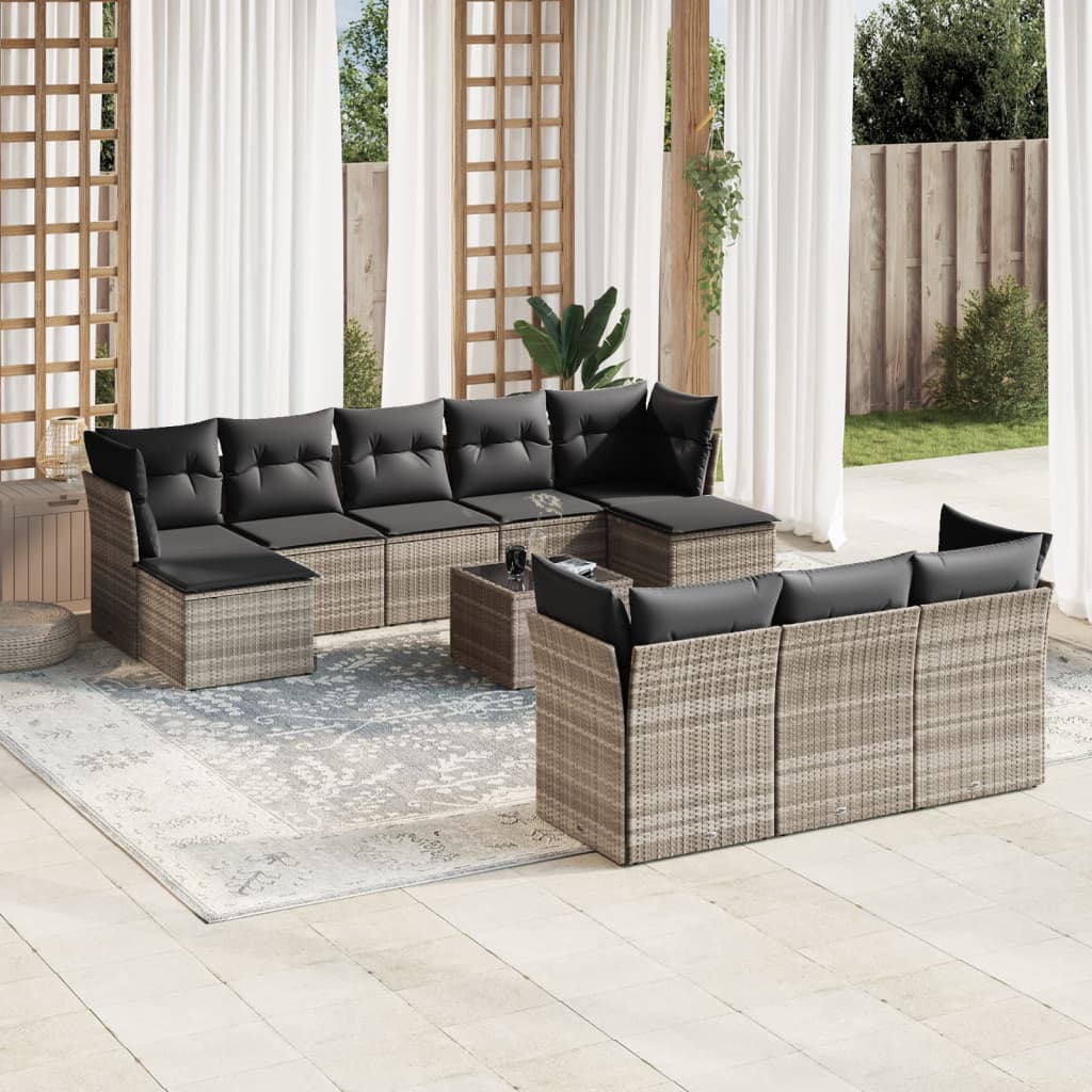 vidaXL 11-tlg. Garten-Sofagarnitur mit Kissen Hellgrau Poly Rattan