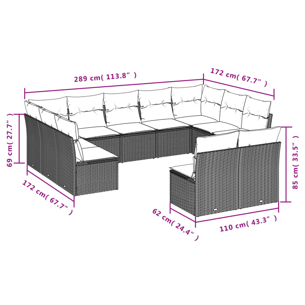 vidaXL 11-tlg. Garten-Sofagarnitur mit Kissen Schwarz Poly Rattan