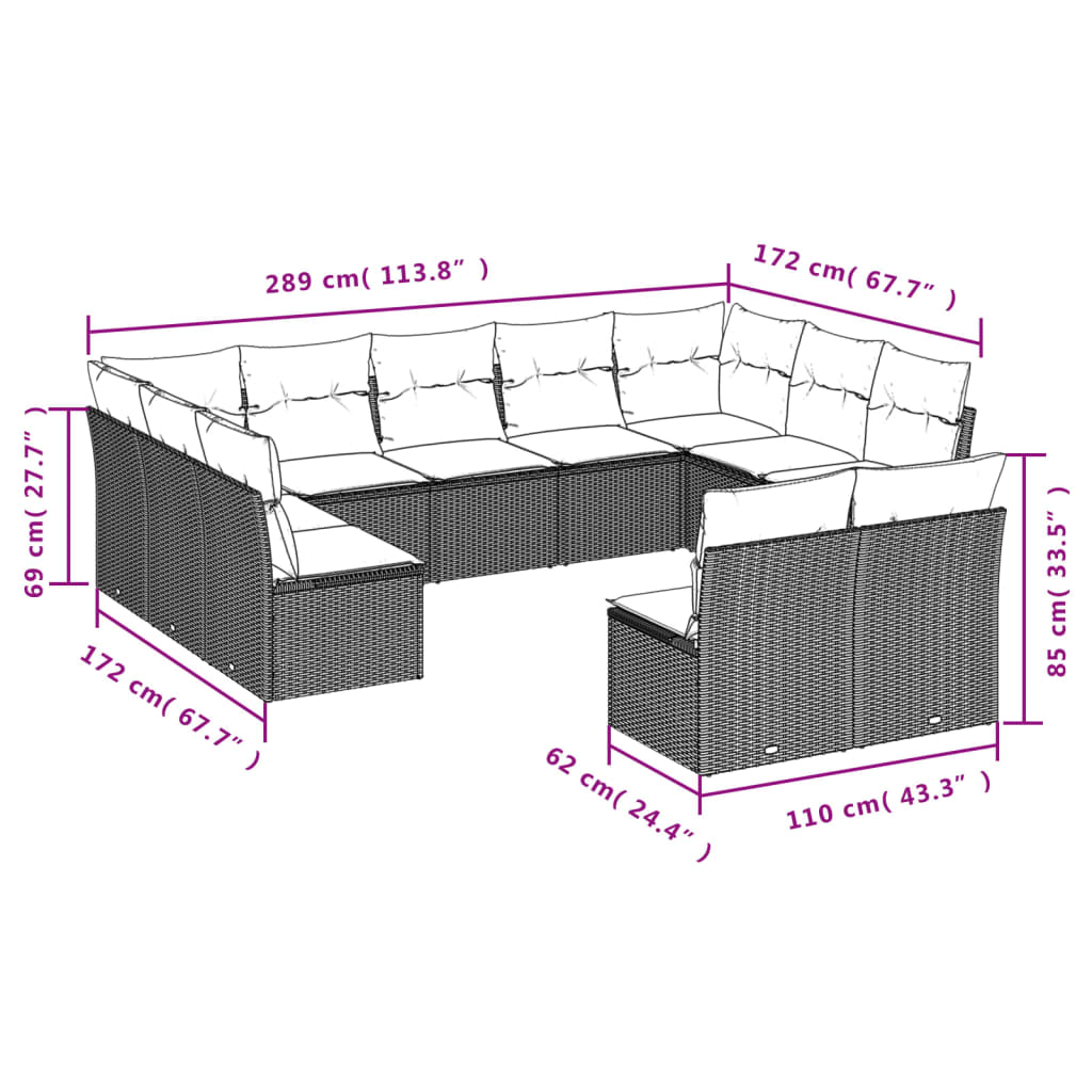 vidaXL 11-tlg. Garten-Sofagarnitur mit Kissen Hellgrau Poly Rattan