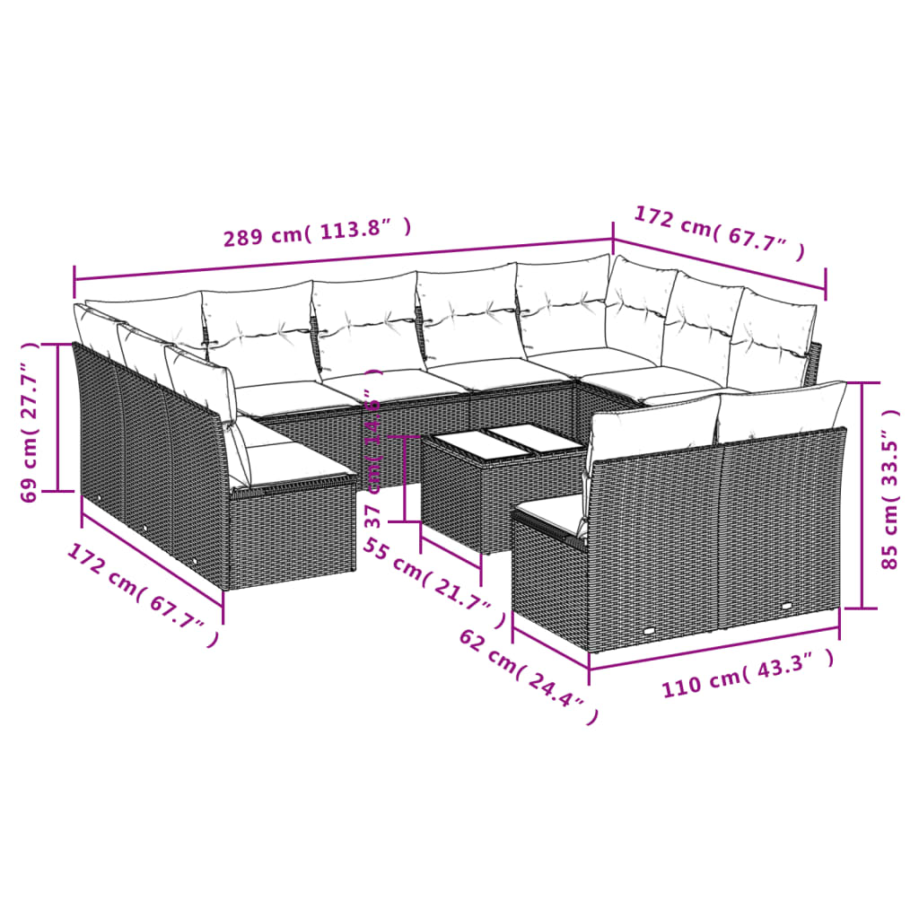 vidaXL 12-tlg. Garten-Sofagarnitur mit Kissen Hellgrau Poly Rattan