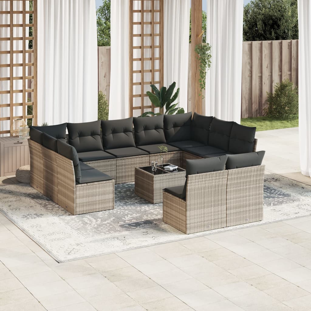 vidaXL 12-tlg. Garten-Sofagarnitur mit Kissen Hellgrau Poly Rattan