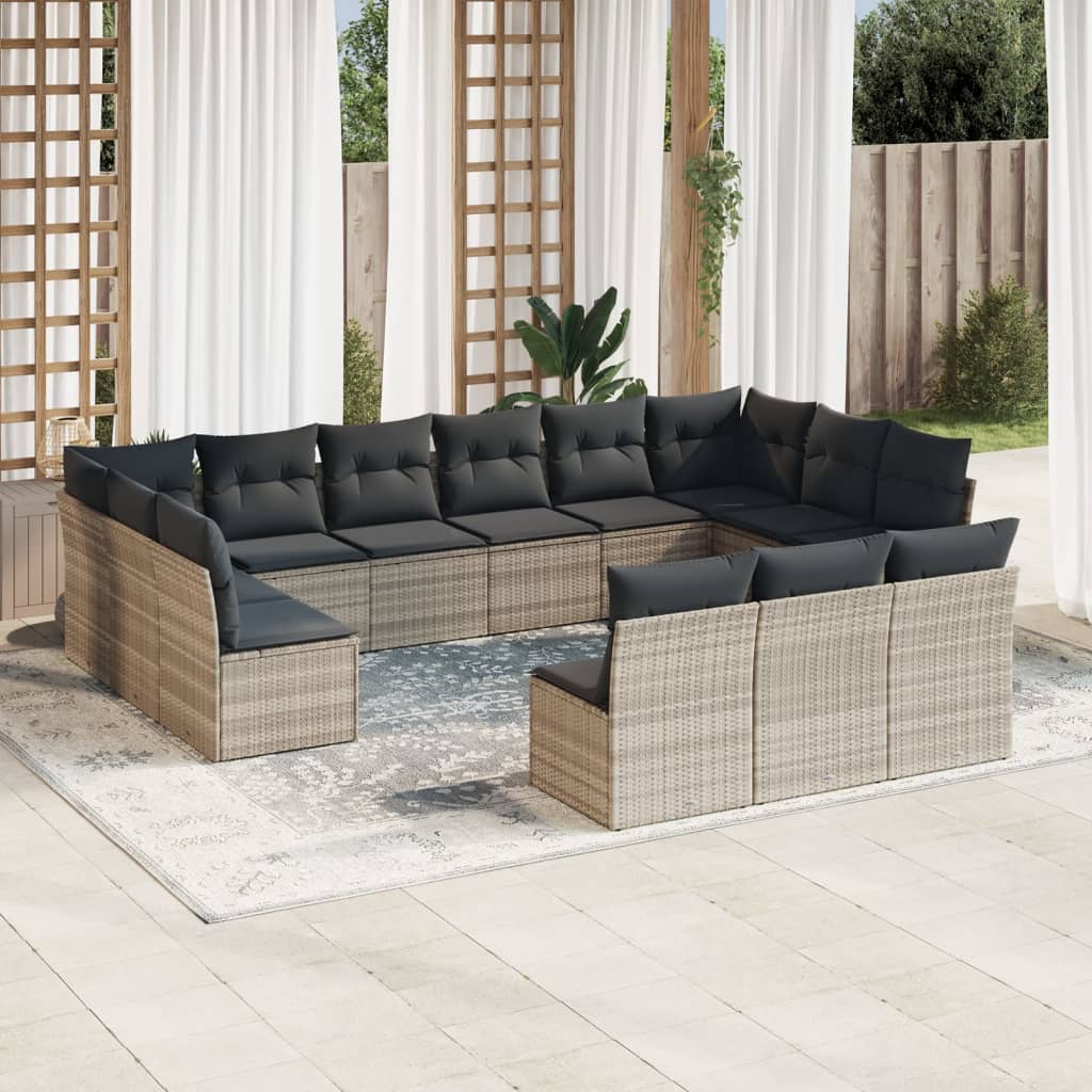 vidaXL 13-tlg. Garten-Sofagarnitur mit Kissen Hellgrau Poly Rattan