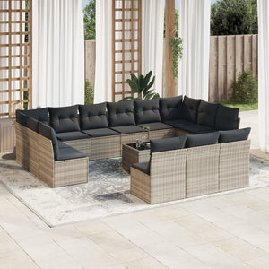 vidaXL 14-tlg. Garten-Sofagarnitur mit Kissen Hellgrau Poly Rattan