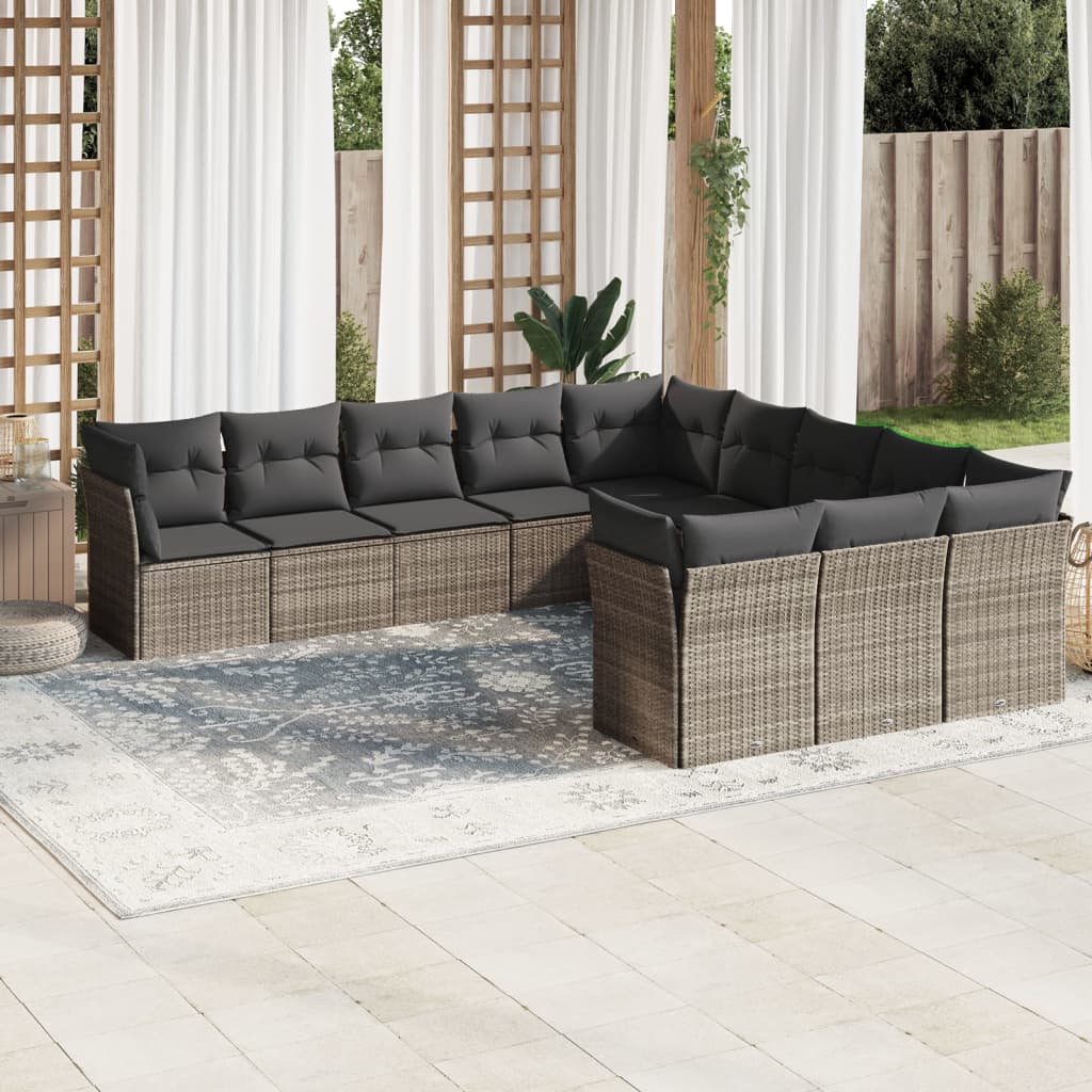 vidaXL 11-tlg. Garten-Sofagarnitur mit Kissen Hellgrau Poly Rattan