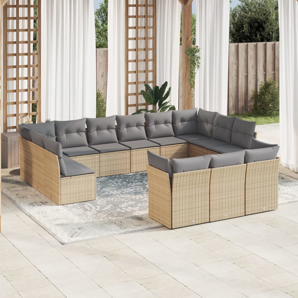 vidaXL 13-tlg. Garten-Sofagarnitur mit Kissen Beige Poly Rattan