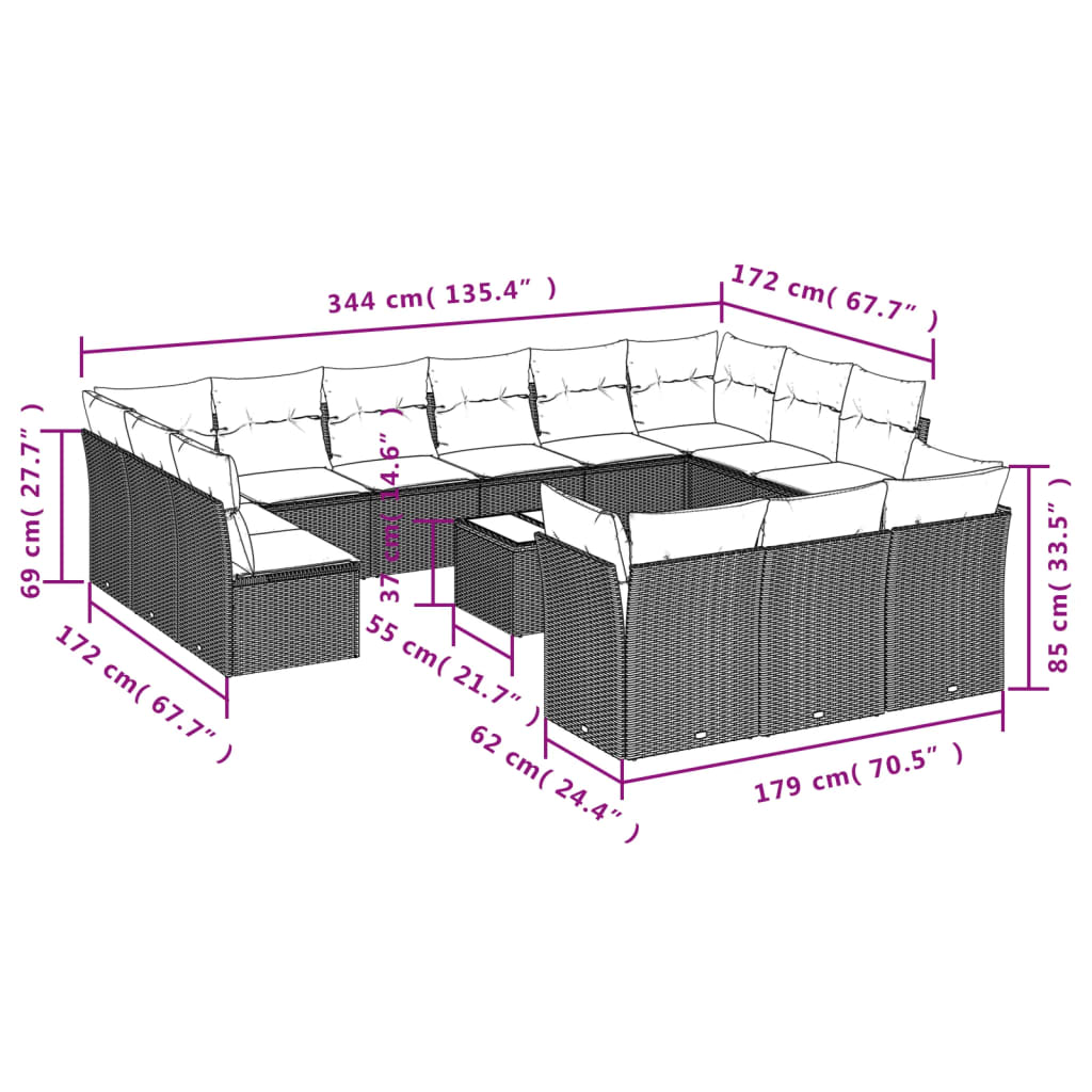 vidaXL 14-tlg. Garten-Sofagarnitur mit Kissen Hellgrau Poly Rattan