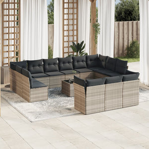 vidaXL 14-tlg. Garten-Sofagarnitur mit Kissen Hellgrau Poly Rattan