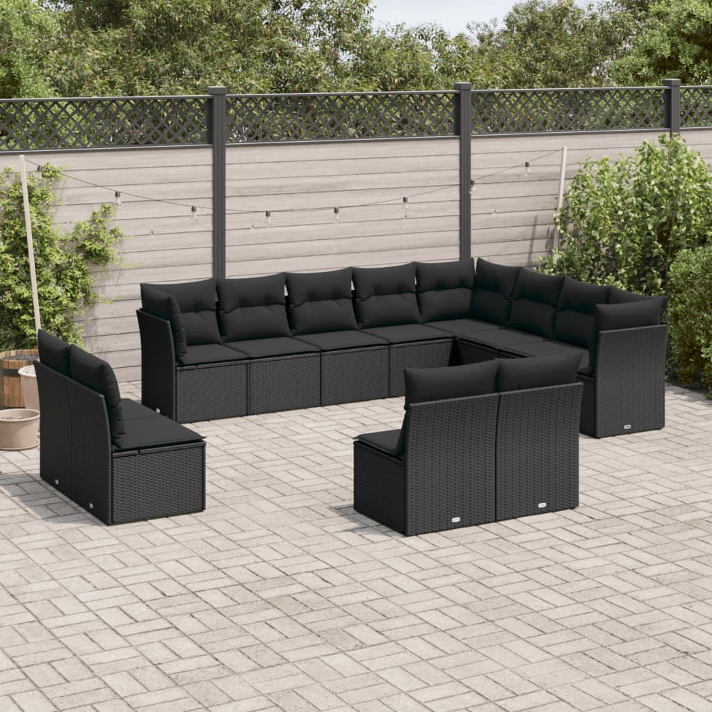 vidaXL 12-tlg. Garten-Sofagarnitur mit Kissen Schwarz Poly Rattan