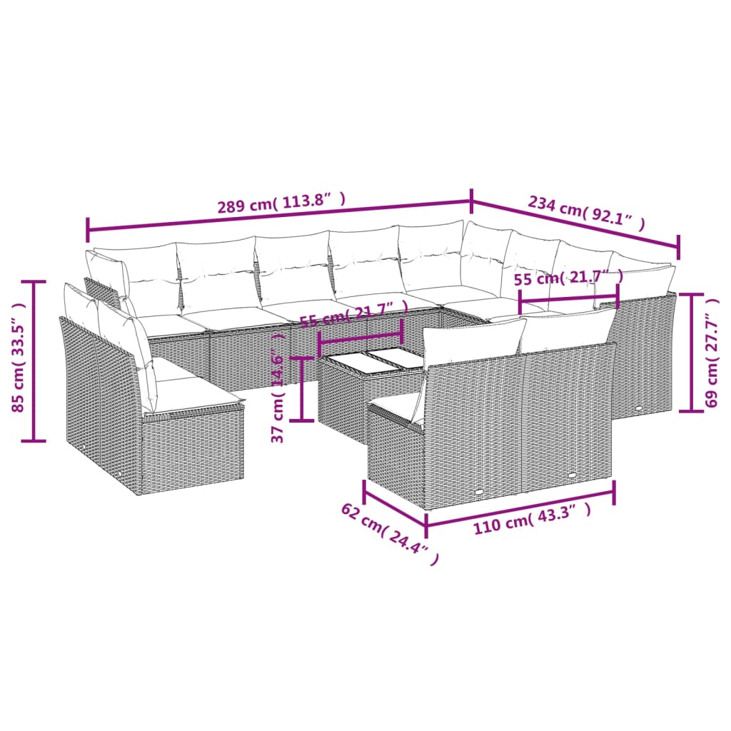 vidaXL 13-tlg. Garten-Sofagarnitur mit Kissen Hellgrau Poly Rattan